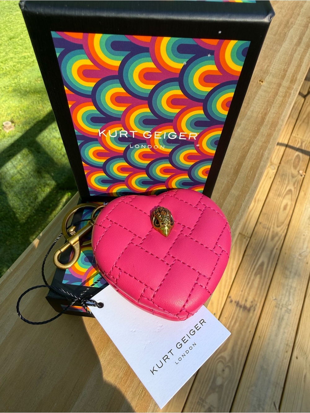 Kurt Geiger Quilted Pink Heart Bag Charm &Compact Mirror w/Gold Tone Hardware